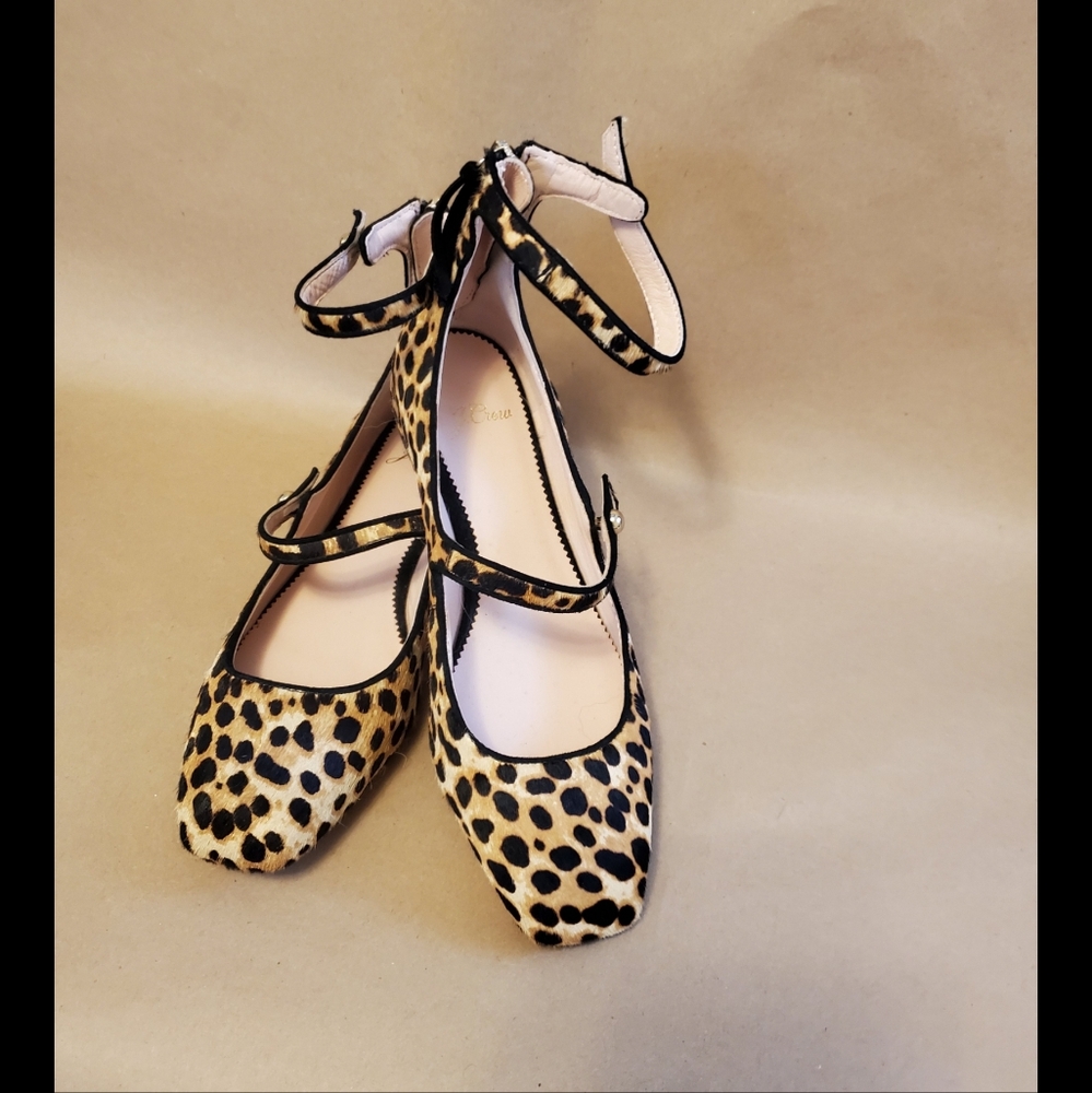 J Crew Leopard calf skin ballet glats w ankle strap. like new
